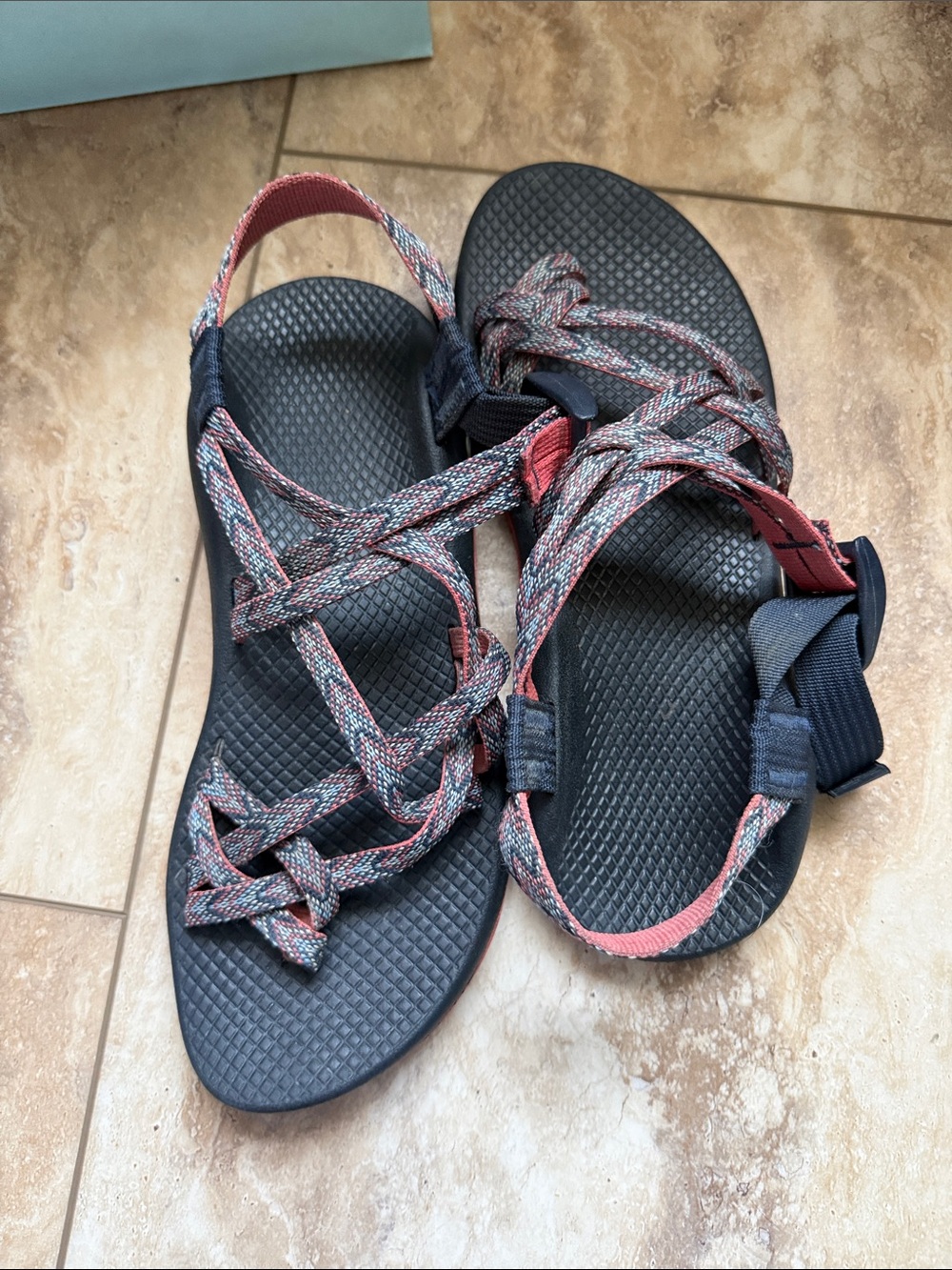 Chaco Black Sandals with Red and Gray Woven Straps